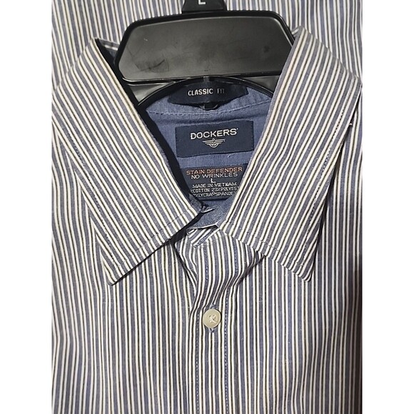 Dockers Men’s Large Dress Shirt Blue Gray Stripe Long Sleeve Wrinkle Free - Picture 6 of 6